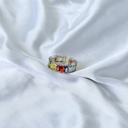 Multi Color Cubic Zirconia Ice Cut American Diamond Silver Plated Adjustable Ring