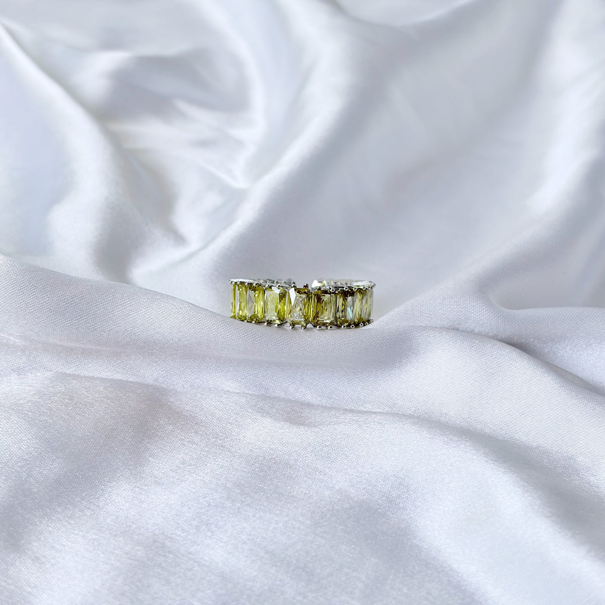 Olive Green Cubic Zirconia Ice Cut American Diamond Silver Plated Adjustable Ring