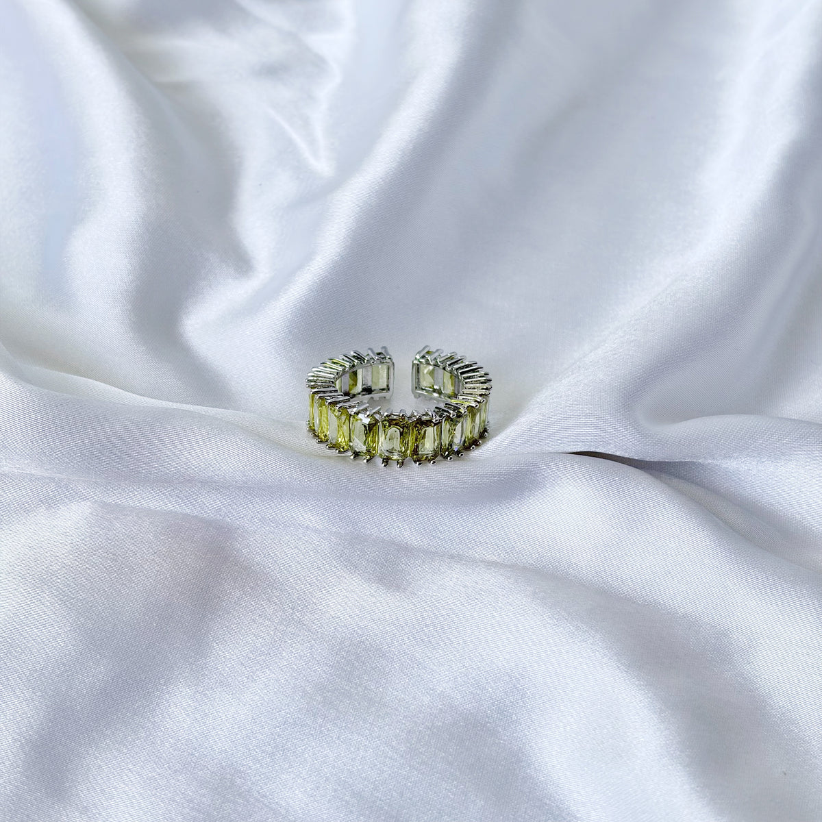 Olive Green Cubic Zirconia Ice Cut American Diamond Silver Plated Adjustable Ring