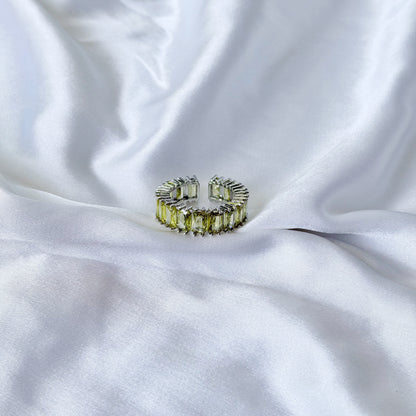 Olive Green Cubic Zirconia Ice Cut American Diamond Silver Plated Adjustable Ring