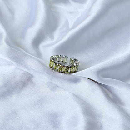 Olive Green Cubic Zirconia Ice Cut American Diamond Silver Plated Adjustable Ring