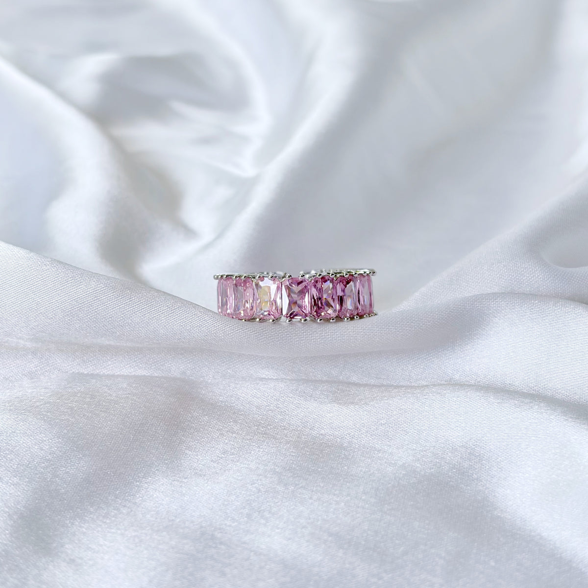 Pink Topaz Cubic Zirconia Ice Cut American Diamond Silver Plated Adjustable Ring
