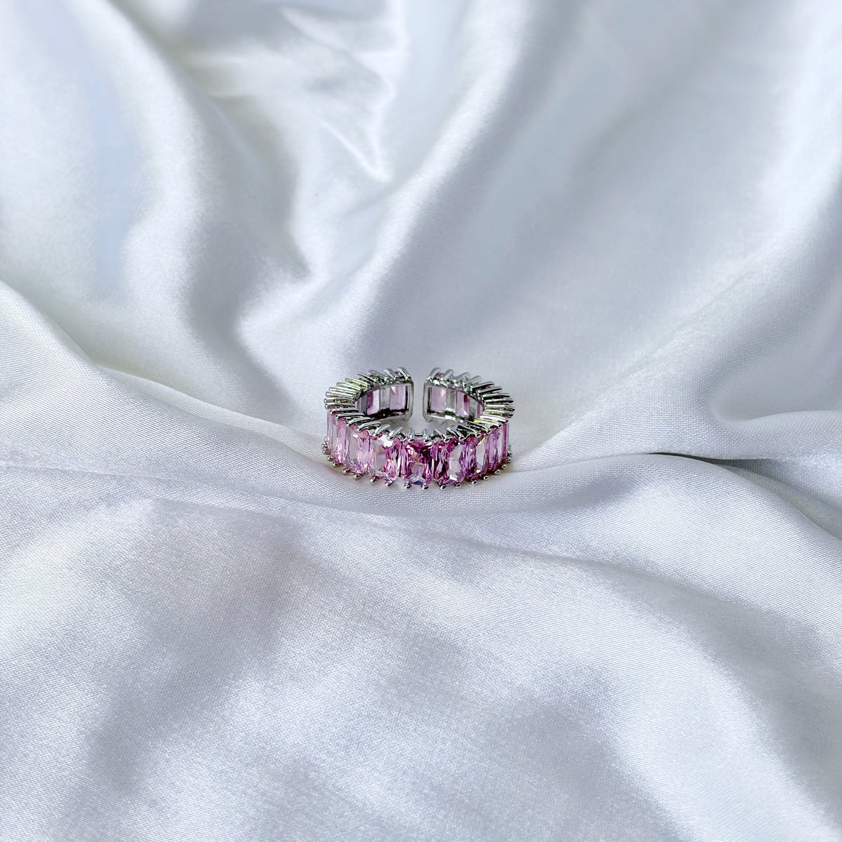 Pink Topaz Cubic Zirconia Ice Cut American Diamond Silver Plated Adjustable Ring