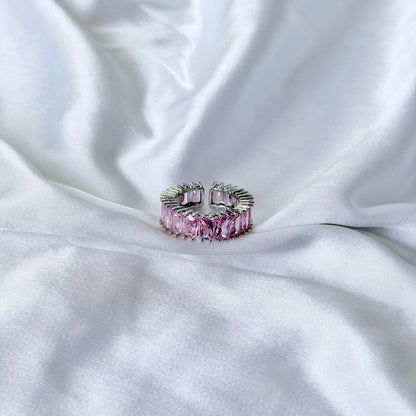 Pink Topaz Cubic Zirconia Ice Cut American Diamond Silver Plated Adjustable Ring