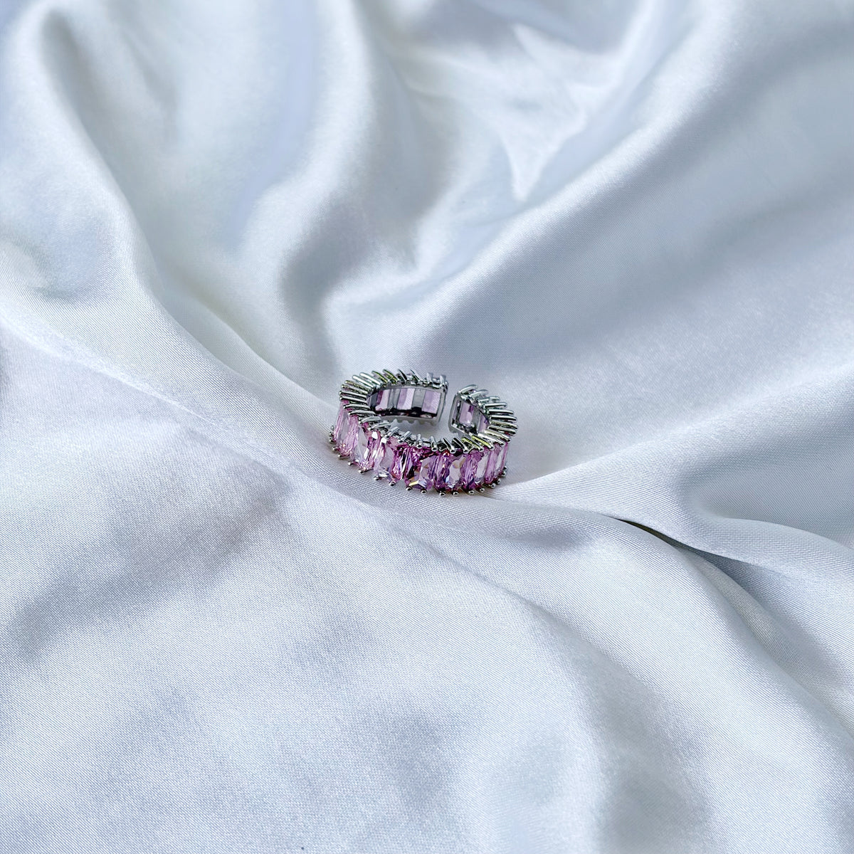Pink Topaz Cubic Zirconia Ice Cut American Diamond Silver Plated Adjustable Ring