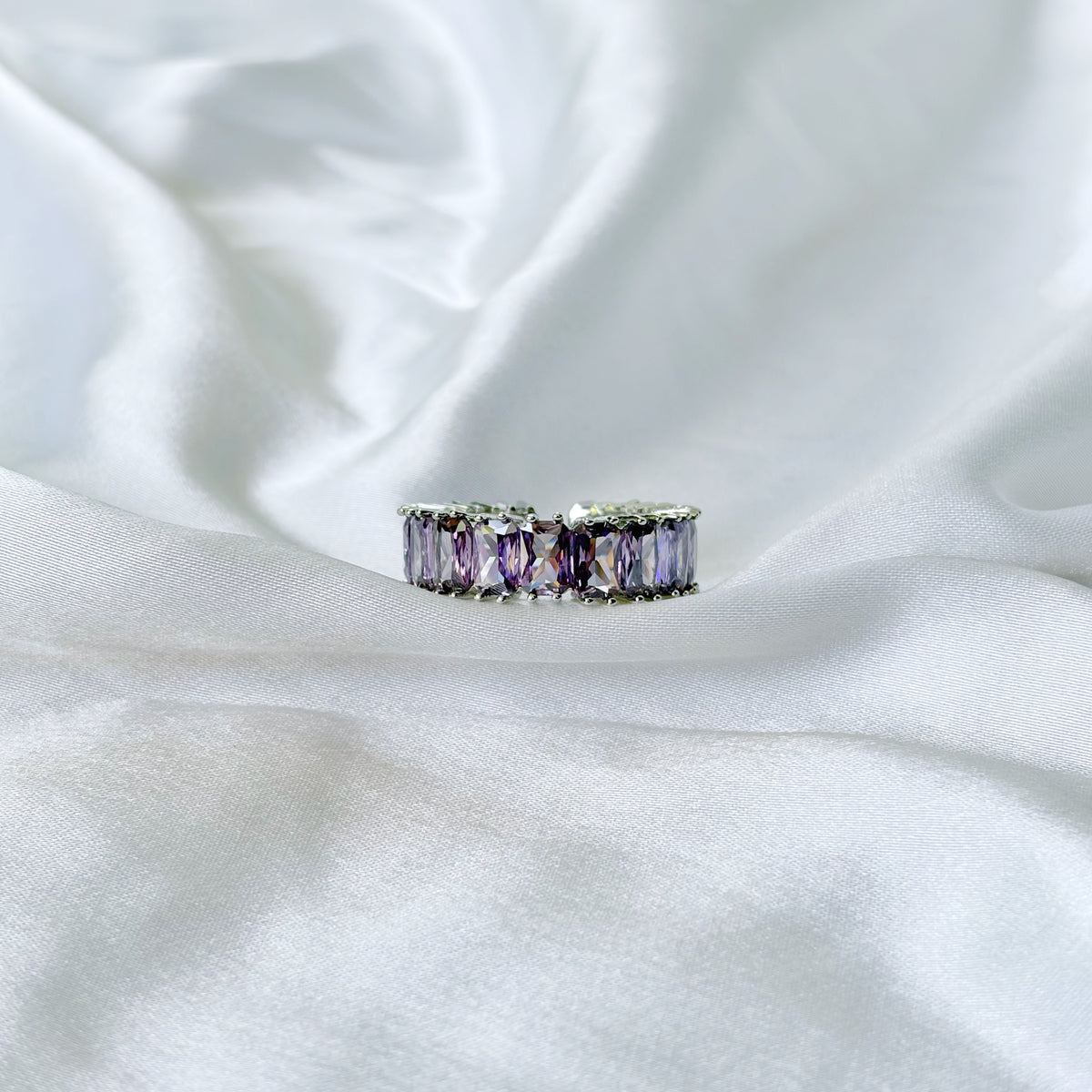 Purple Amethyst Cubic Zirconia Ice Cut American Diamond Silver Plated Adjustable Ring