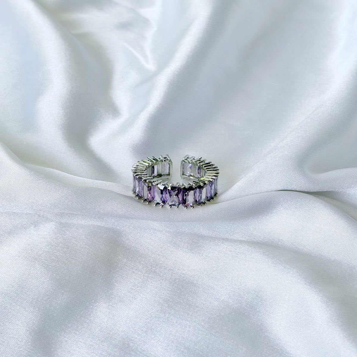 Purple Amethyst Cubic Zirconia Ice Cut American Diamond Silver Plated Adjustable Ring