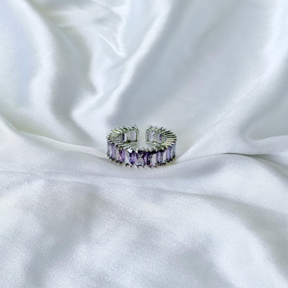 Purple Amethyst Cubic Zirconia Ice Cut American Diamond Silver Plated Adjustable Ring