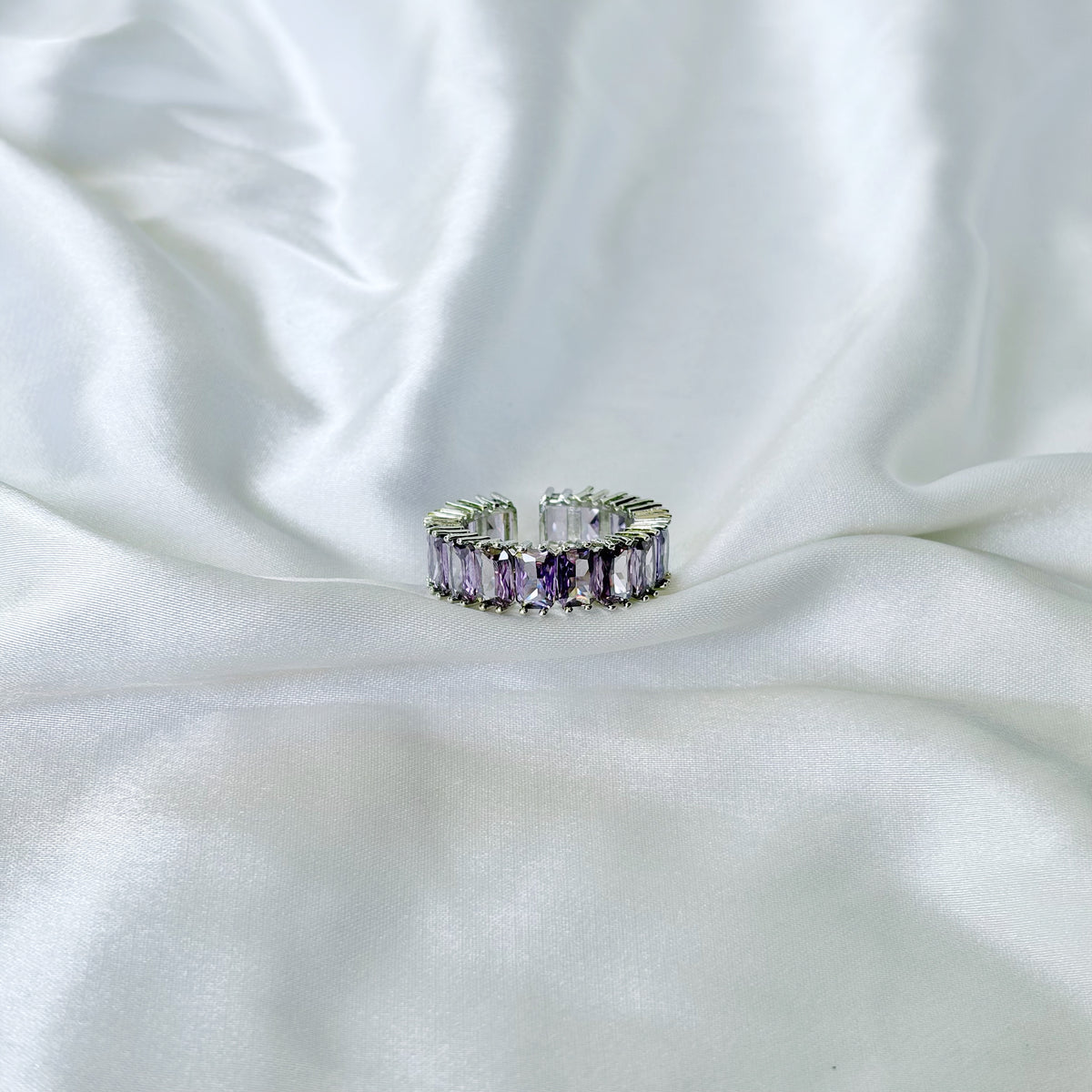 Purple Amethyst Cubic Zirconia Ice Cut American Diamond Silver Plated Adjustable Ring