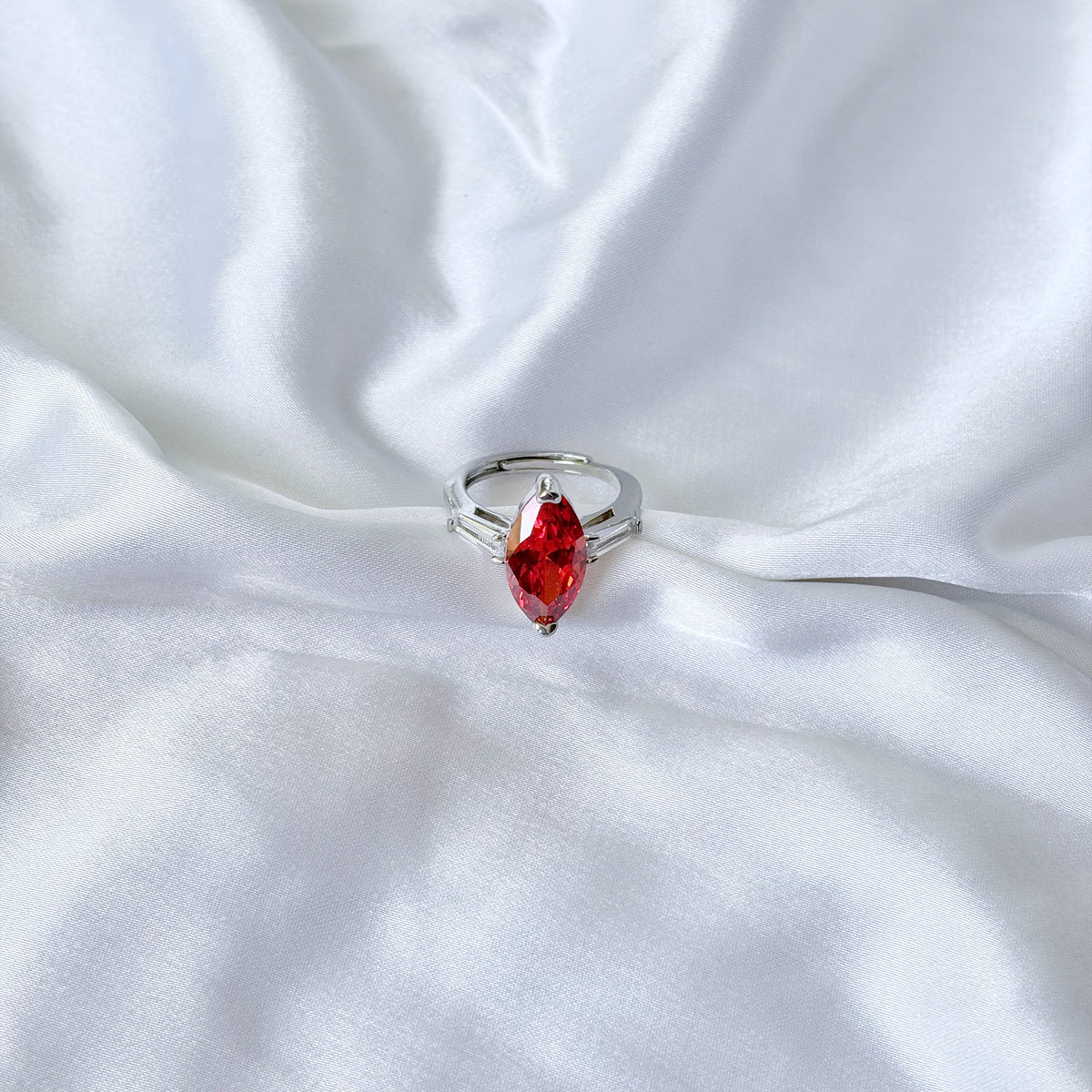 Red Ruby Cubic Zirconia Ice Cut American Diamond Silver Plated Adjustable Ring