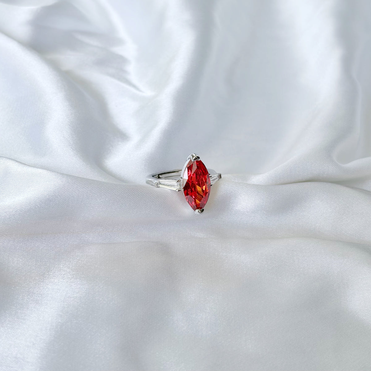 Red Ruby Cubic Zirconia Ice Cut American Diamond Silver Plated Adjustable Ring