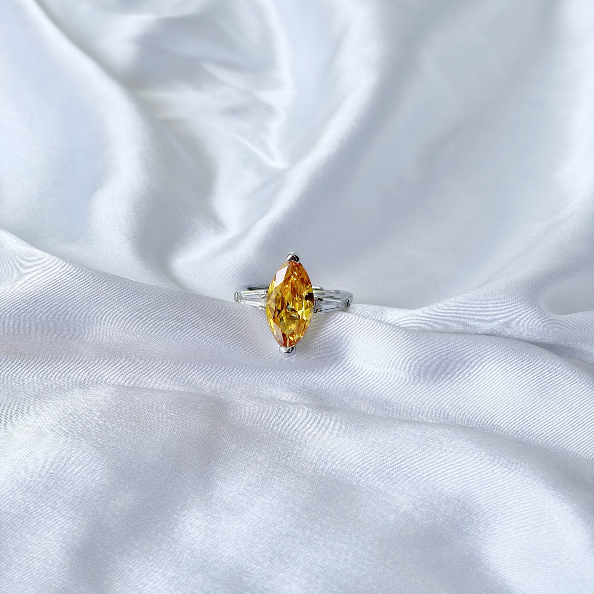 Yellow Topaz Cubic Zirconia Ice Cut American Diamond Silver Plated Adjustable Ring