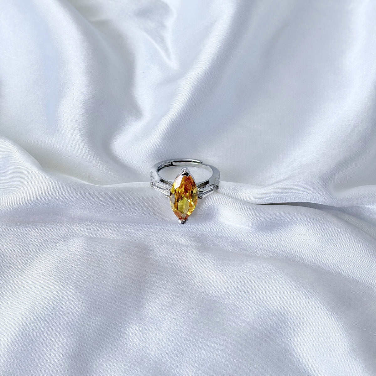 Yellow Topaz Cubic Zirconia Ice Cut American Diamond Silver Plated Adjustable Ring