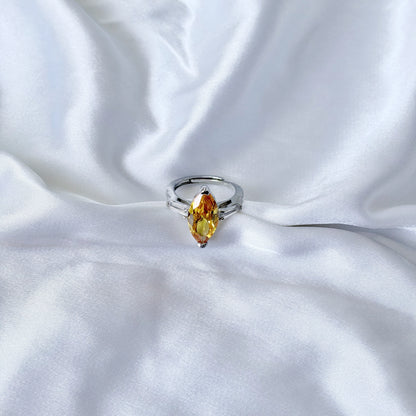 Yellow Topaz Cubic Zirconia Ice Cut American Diamond Silver Plated Adjustable Ring