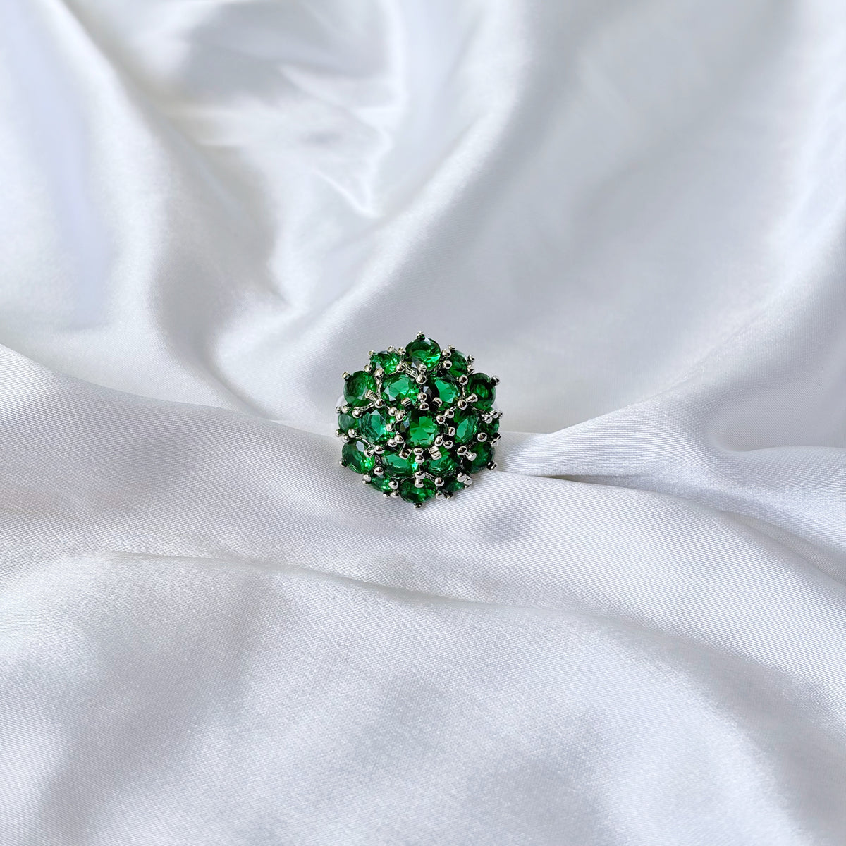 Green Emerald Cubic Zirconia Ice Cut American Diamond Silver Plated Adjustable Ring