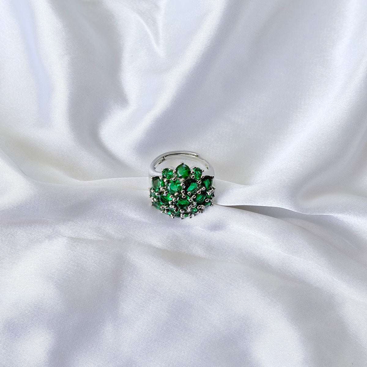 Green Emerald Cubic Zirconia Ice Cut American Diamond Silver Plated Adjustable Ring