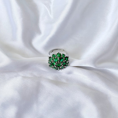 Green Emerald Cubic Zirconia Ice Cut American Diamond Silver Plated Adjustable Ring