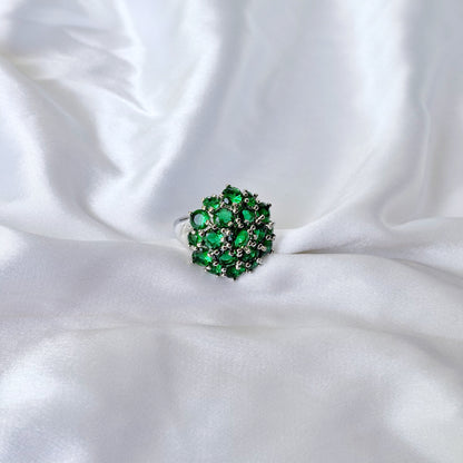 Green Emerald Cubic Zirconia Ice Cut American Diamond Silver Plated Adjustable Ring