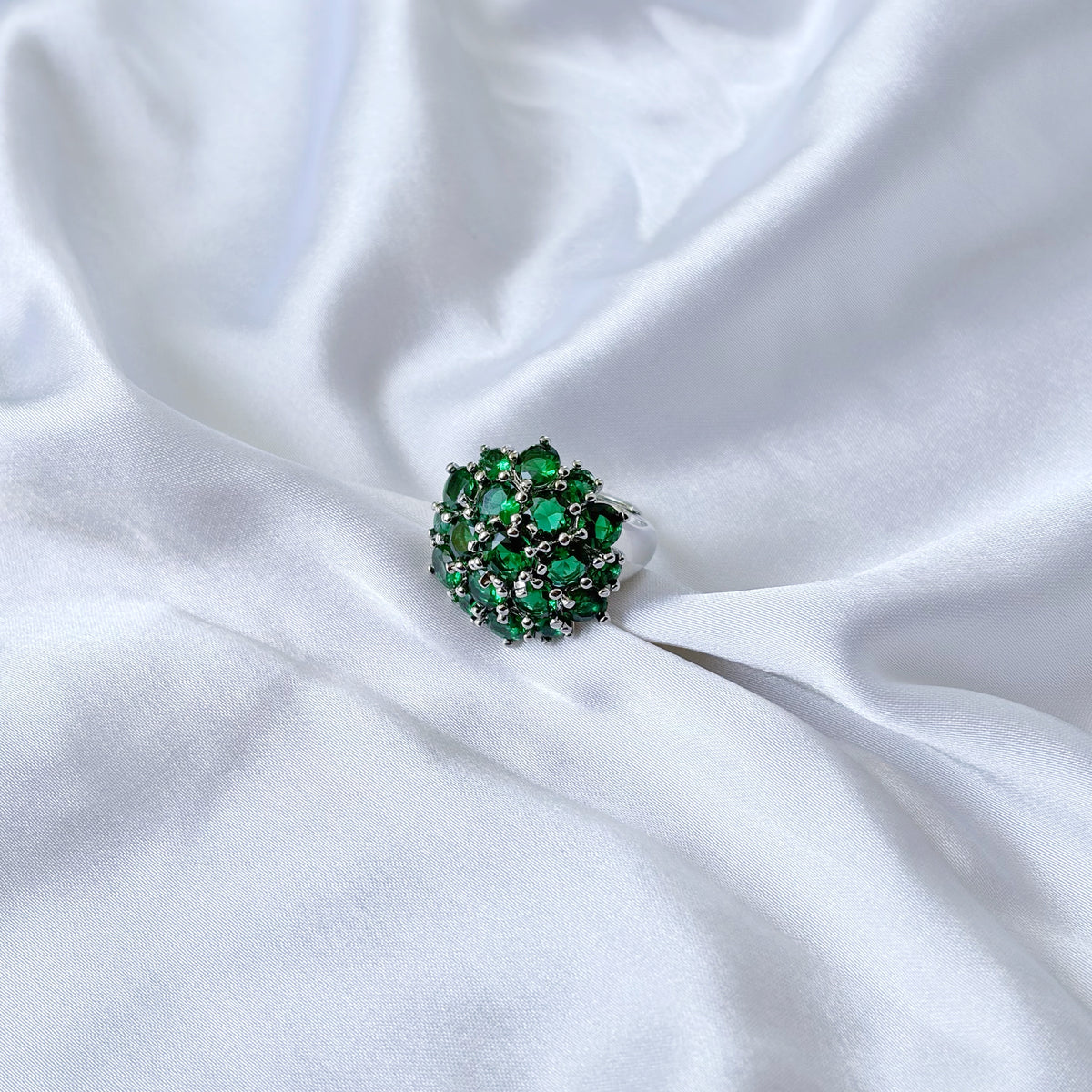 Green Emerald Cubic Zirconia Ice Cut American Diamond Silver Plated Adjustable Ring