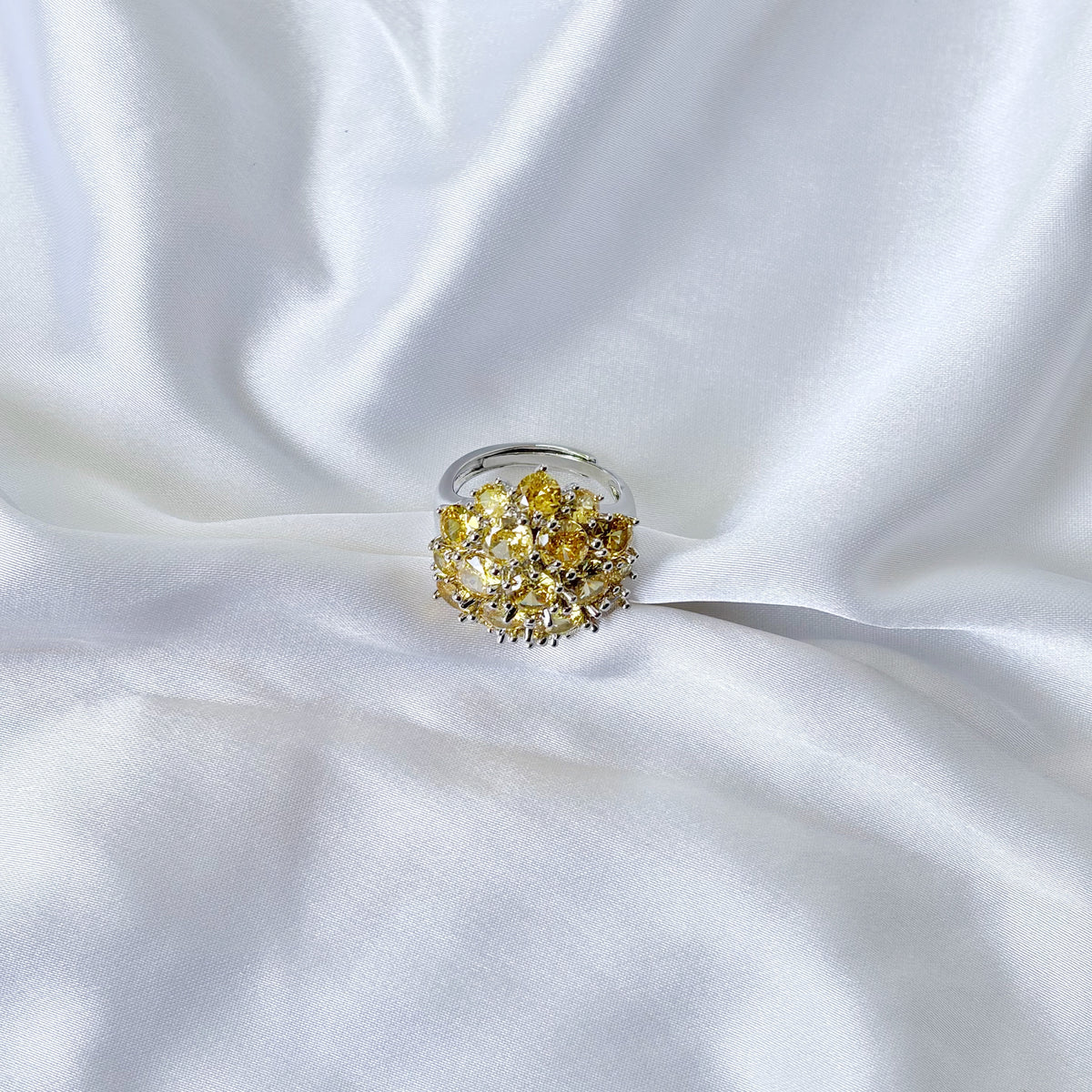 Yellow Topaz Cubic Zirconia Ice Cut American Diamond Silver Plated Adjustable Ring