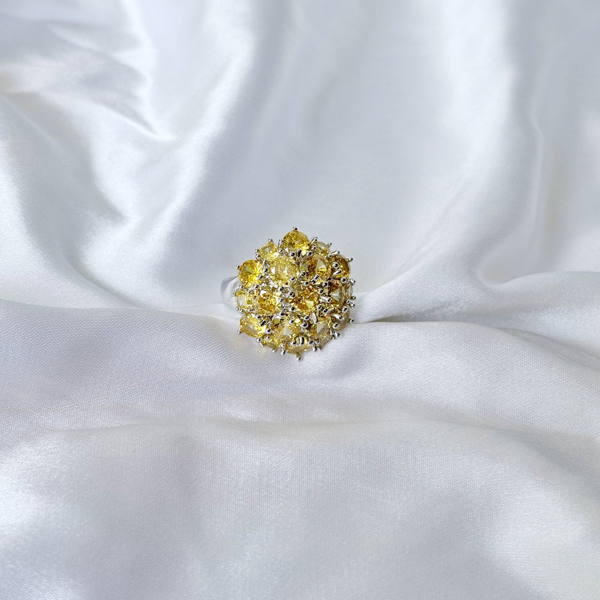 Yellow Topaz Cubic Zirconia Ice Cut American Diamond Silver Plated Adjustable Ring