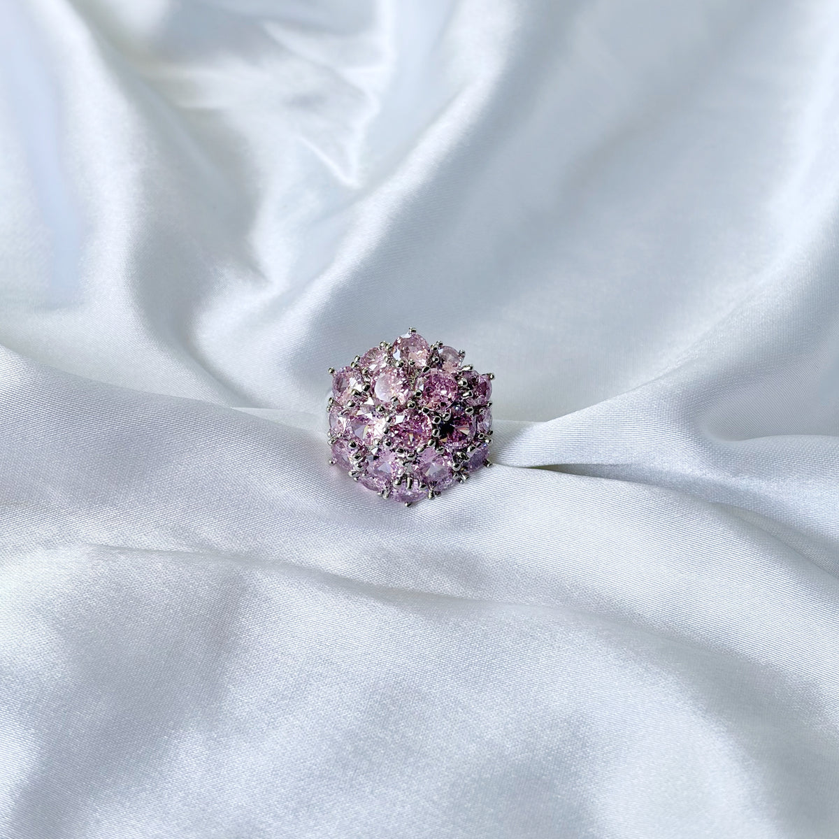 Pink Topaz Cubic Zirconia Ice Cut American Diamond Silver Plated Adjustable Ring