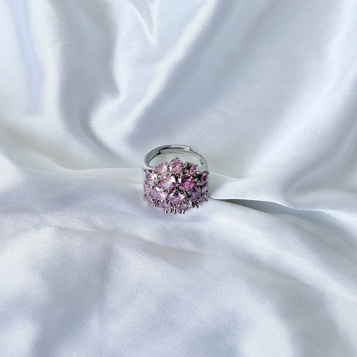 Pink Topaz Cubic Zirconia Ice Cut American Diamond Silver Plated Adjustable Ring