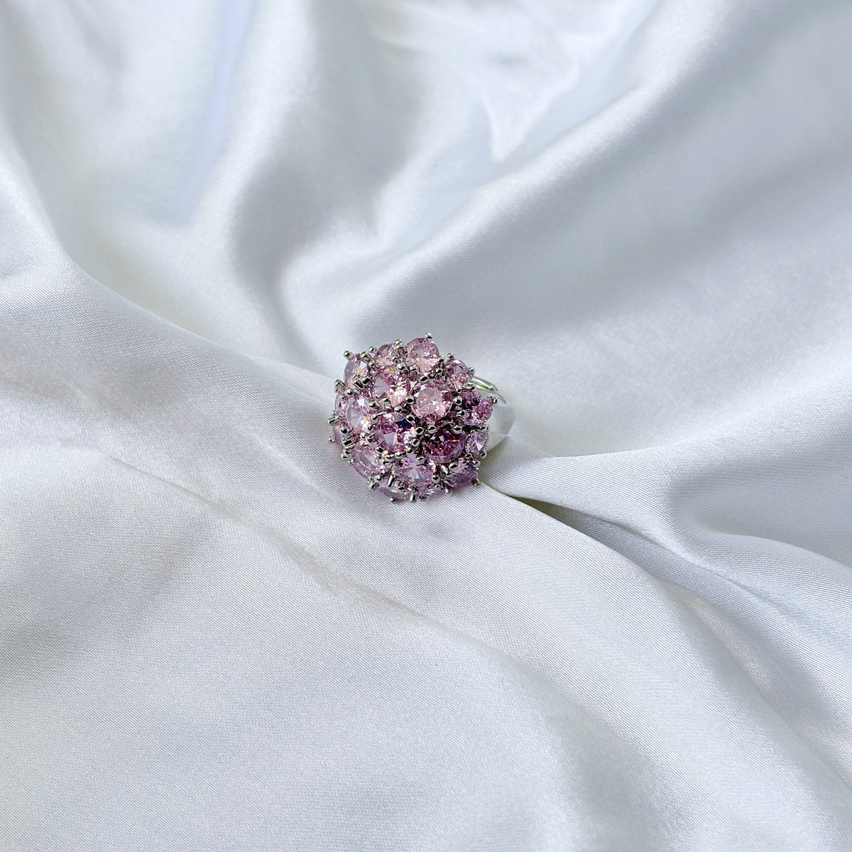 Pink Topaz Cubic Zirconia Ice Cut American Diamond Silver Plated Adjustable Ring
