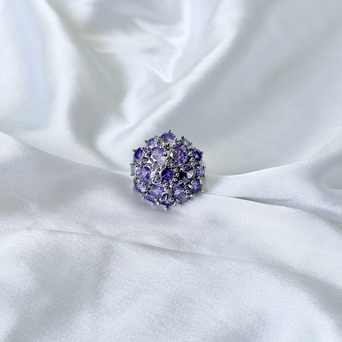 Purple Amethyst Cubic Zirconia Ice Cut American Diamond Silver Plated Adjustable Ring