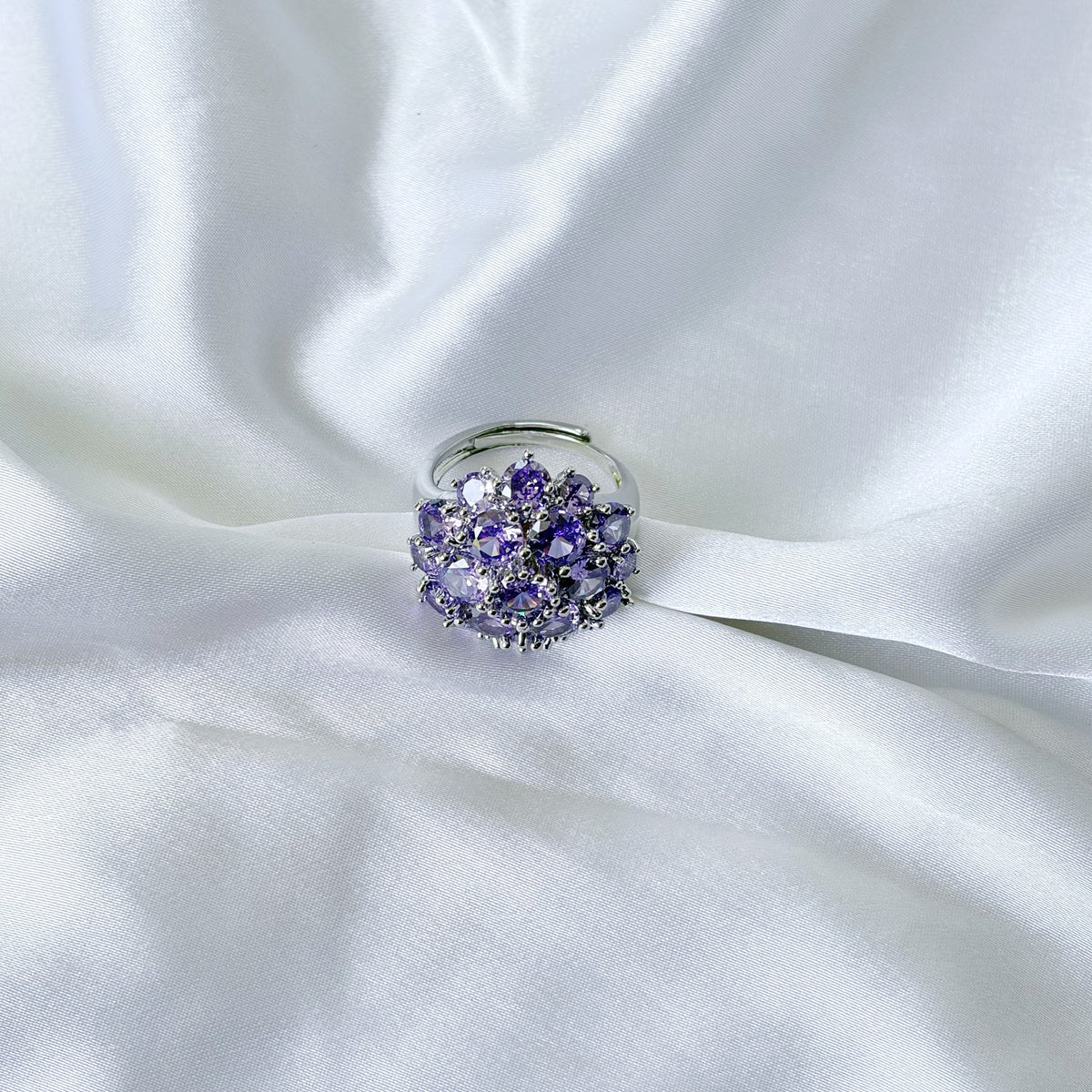 Purple Amethyst Cubic Zirconia Ice Cut American Diamond Silver Plated Adjustable Ring
