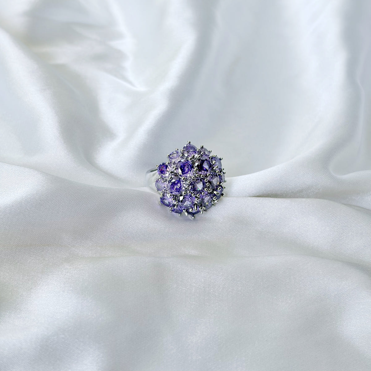 Purple Amethyst Cubic Zirconia Ice Cut American Diamond Silver Plated Adjustable Ring