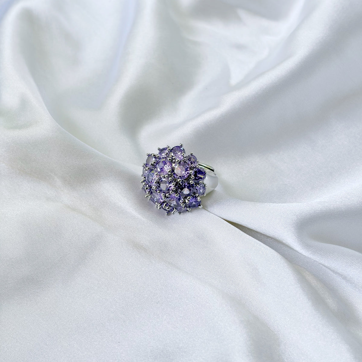 Purple Amethyst Cubic Zirconia Ice Cut American Diamond Silver Plated Adjustable Ring