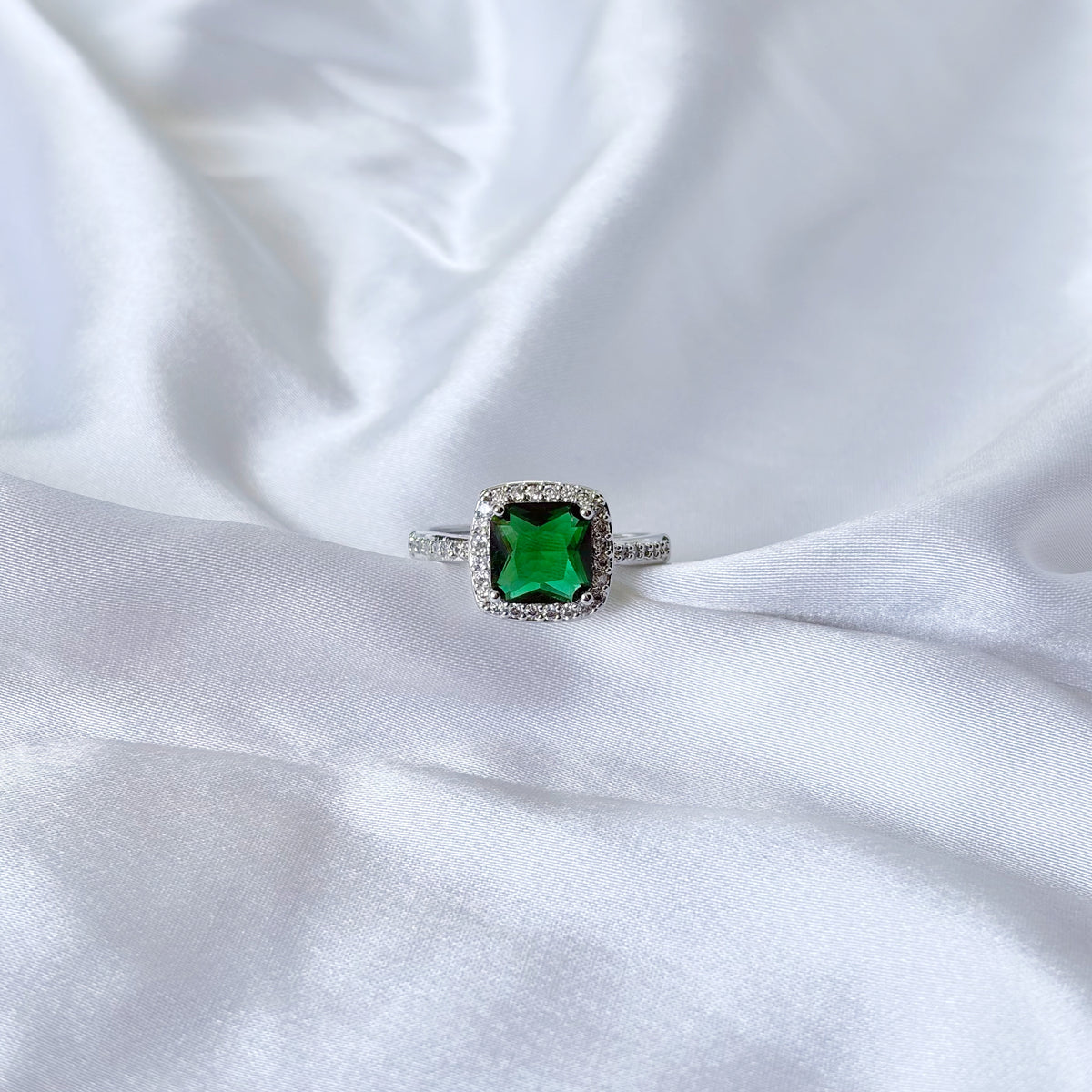 Green Emerald Cubic Zirconia Ice Cut American Diamond Silver Plated Adjustable Ring