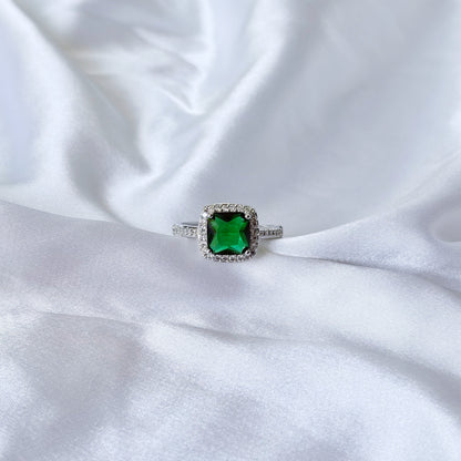Green Emerald Cubic Zirconia Ice Cut American Diamond Silver Plated Adjustable Ring