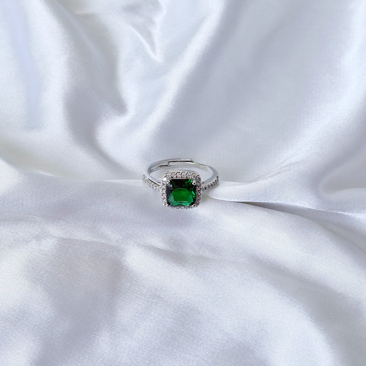Green Emerald Cubic Zirconia Ice Cut American Diamond Silver Plated Adjustable Ring