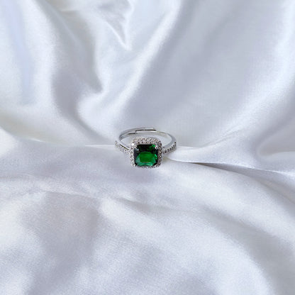 Green Emerald Cubic Zirconia Ice Cut American Diamond Silver Plated Adjustable Ring