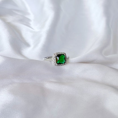 Green Emerald Cubic Zirconia Ice Cut American Diamond Silver Plated Adjustable Ring