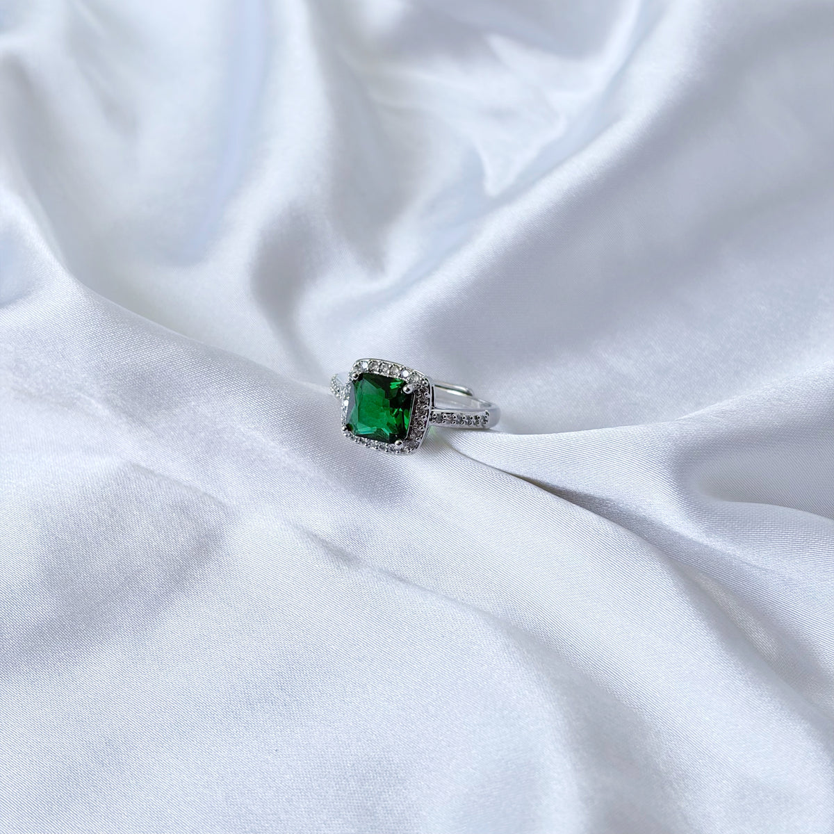Green Emerald Cubic Zirconia Ice Cut American Diamond Silver Plated Adjustable Ring