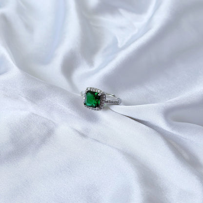 Green Emerald Cubic Zirconia Ice Cut American Diamond Silver Plated Adjustable Ring