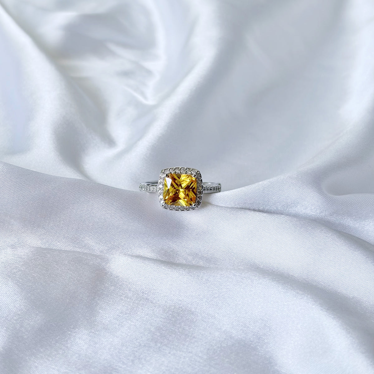 Yellow Topaz Cubic Zirconia Ice Cut American Diamond Silver Plated Adjustable Ring