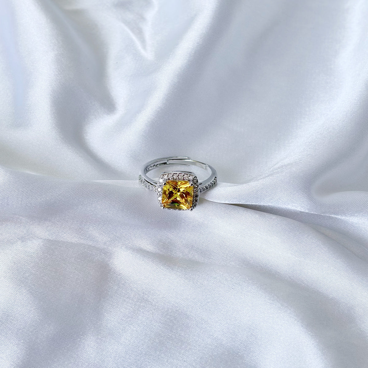 Yellow Topaz Cubic Zirconia Ice Cut American Diamond Silver Plated Adjustable Ring