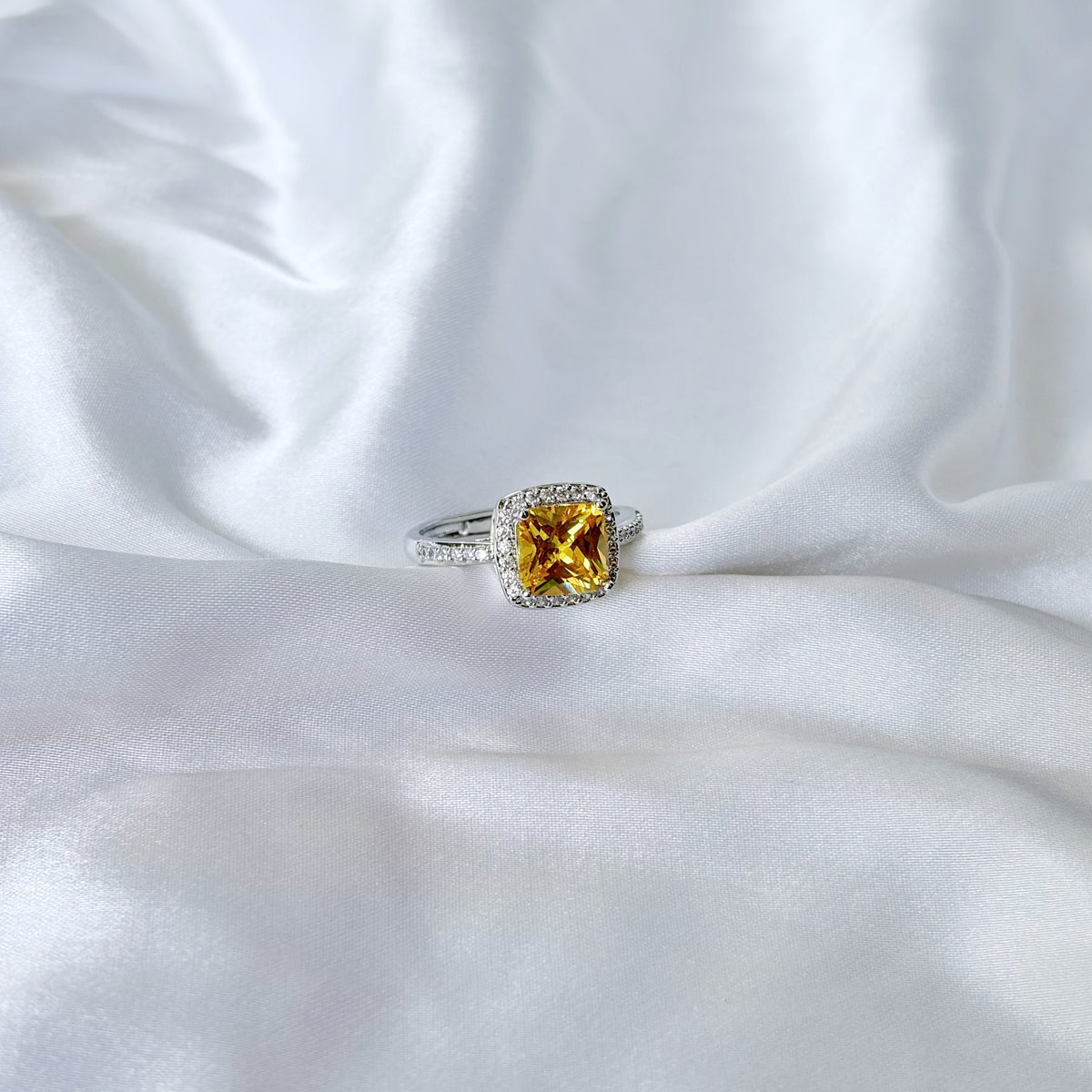 Yellow Topaz Cubic Zirconia Ice Cut American Diamond Silver Plated Adjustable Ring