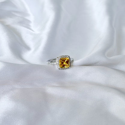 Yellow Topaz Cubic Zirconia Ice Cut American Diamond Silver Plated Adjustable Ring