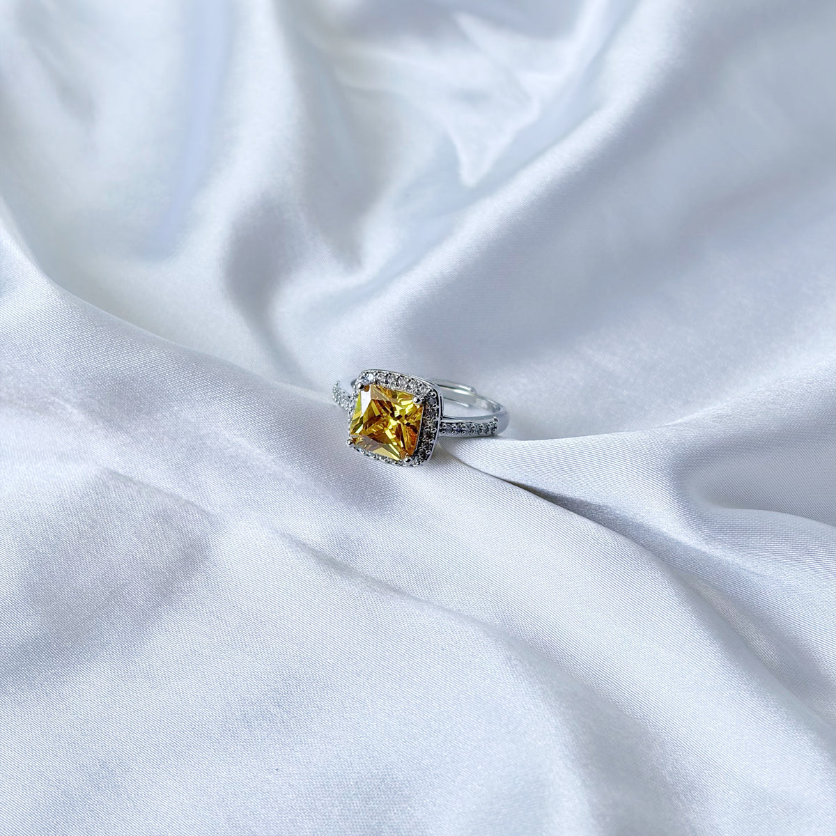 Yellow Topaz Cubic Zirconia Ice Cut American Diamond Silver Plated Adjustable Ring