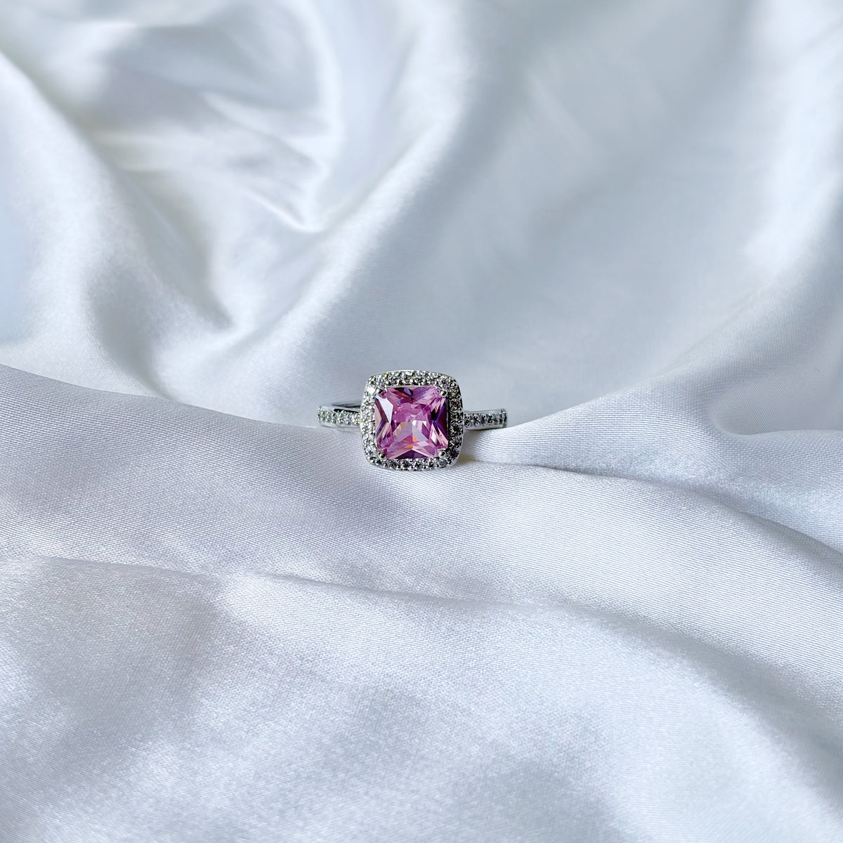 Pink Topaz Cubic Zirconia Ice Cut American Diamond Silver Plated Adjustable Ring