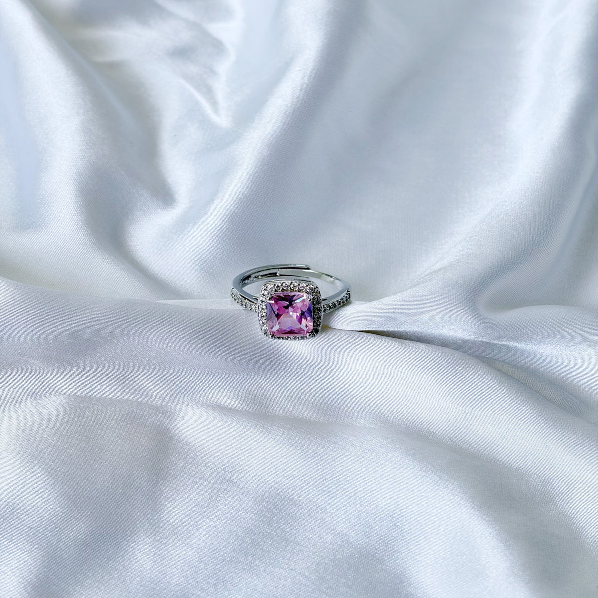Pink Topaz Cubic Zirconia Ice Cut American Diamond Silver Plated Adjustable Ring