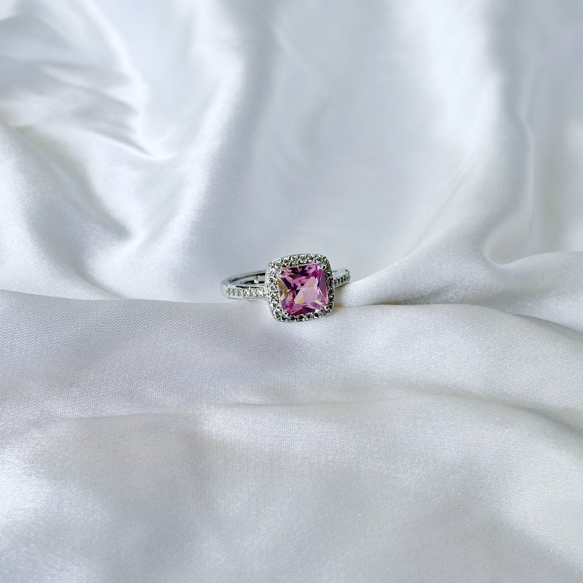 Pink Topaz Cubic Zirconia Ice Cut American Diamond Silver Plated Adjustable Ring
