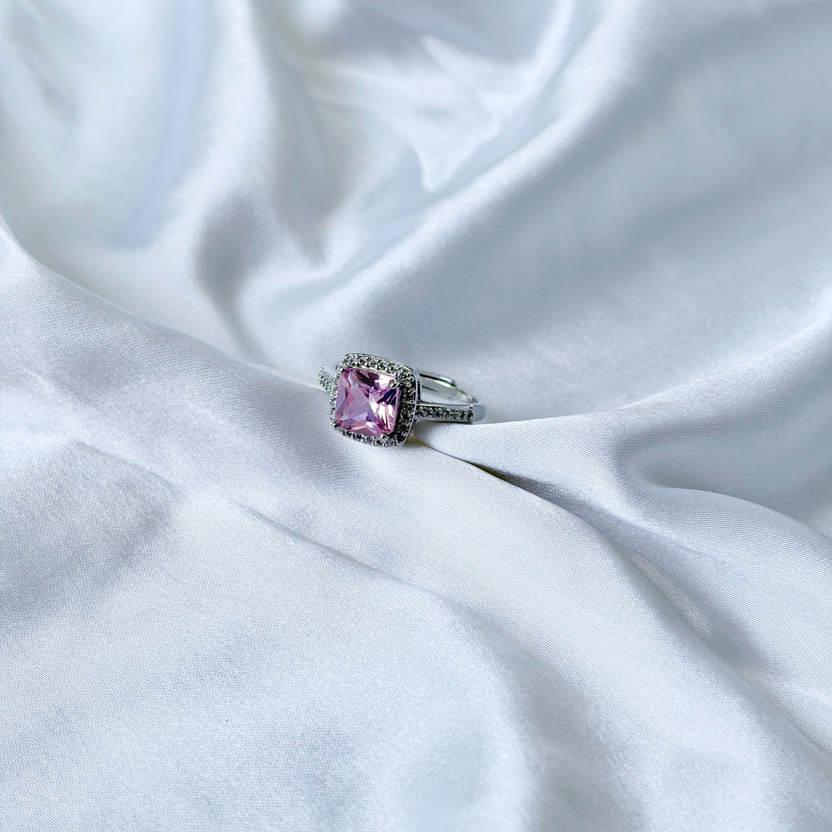 Pink Topaz Cubic Zirconia Ice Cut American Diamond Silver Plated Adjustable Ring