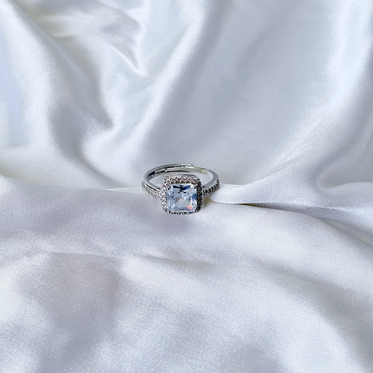 Ice Blue Cubic Zirconia Ice Cut American Diamond Silver Plated Adjustable Ring