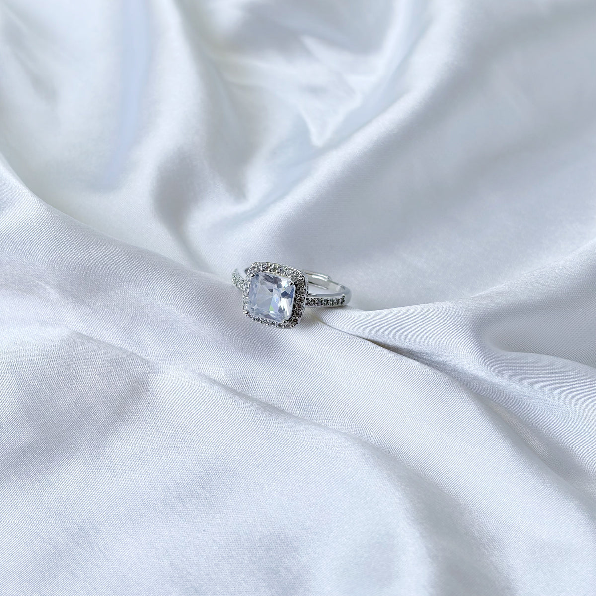 Ice Blue Cubic Zirconia Ice Cut American Diamond Silver Plated Adjustable Ring